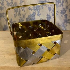 RARE VTG Brass & Silver Woven Picnic Basket